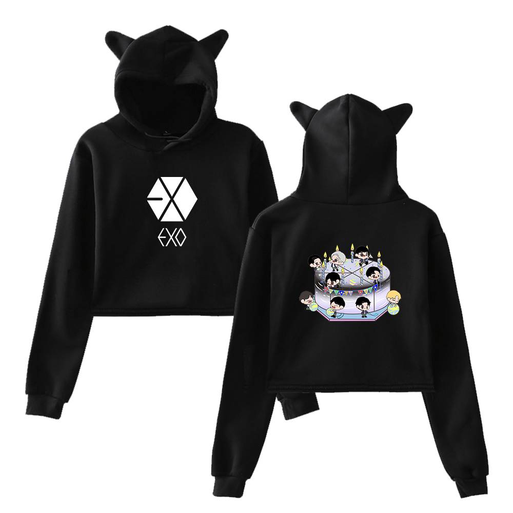 EXO Chibi Cake Cropped Hoodie - Black