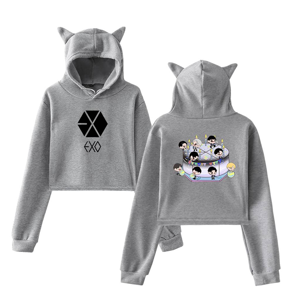 EXO Chibi Cake Cropped Hoodie - Gray